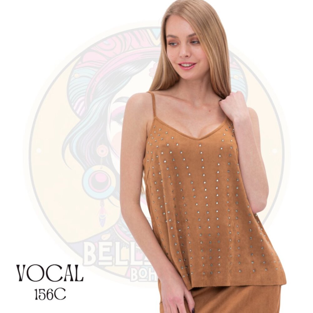 156C VOCAL Camel Microsuede Cami with Rhinestone Accents